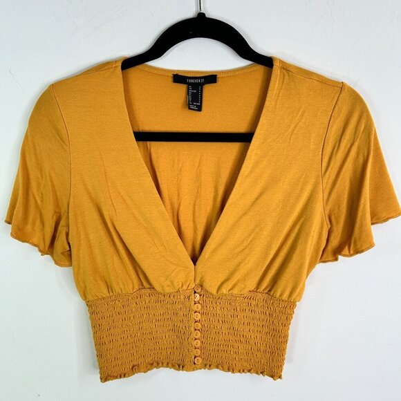 Mustard yellow womens smocked crop‎ top size small - Picture 1 of 4